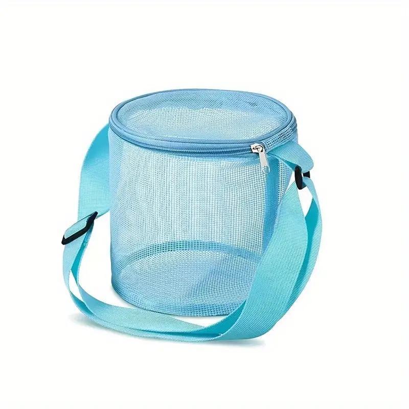 Mesh Shell Storage Bag, Round Sand Bucket Toy Collection Bag with Strap, Beach Bag, Water Sports Accessories Storage Bag for Swimming Beach