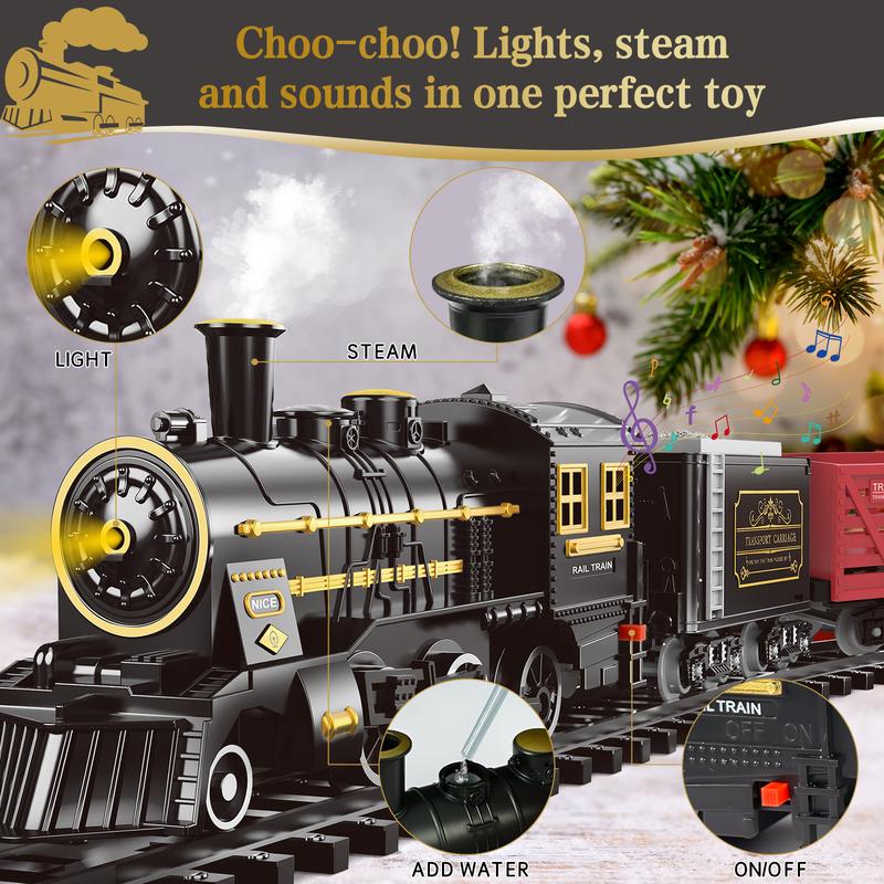 Christmas Happiness Train Set - Hanging Train Toys with Smoke Light & Sound for Boys Girls,Train Set Around Under The Christmas Tree with Steam,Carriages Tracks for 3-12 Years Old Kids Decoration Gift