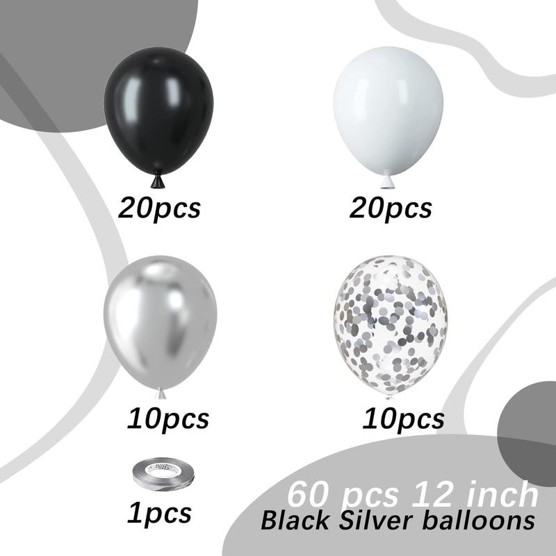 Black and Silver Balloons, 60 count 12 Inches Black White Silver Confetti Balloons with 1 Ribbon for Birthday,  Shower, Wedding, and Silver Theme Party Decoration