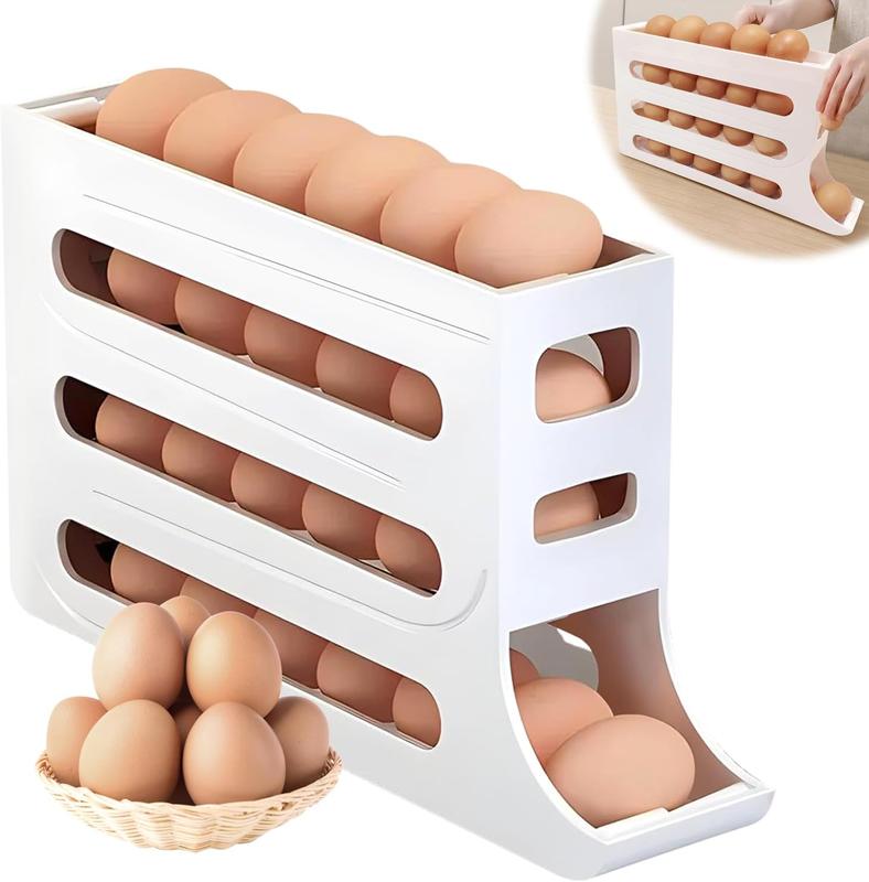 Egg Holder for Fridge, Auto Rolling Fridge Egg Organizer, 4 Tiers Large Capacity Eggs Dispenser Storage 30 Egg, Space-Saving Egg Holder Rack for Refrigerator Kichen Cabinet Boxes