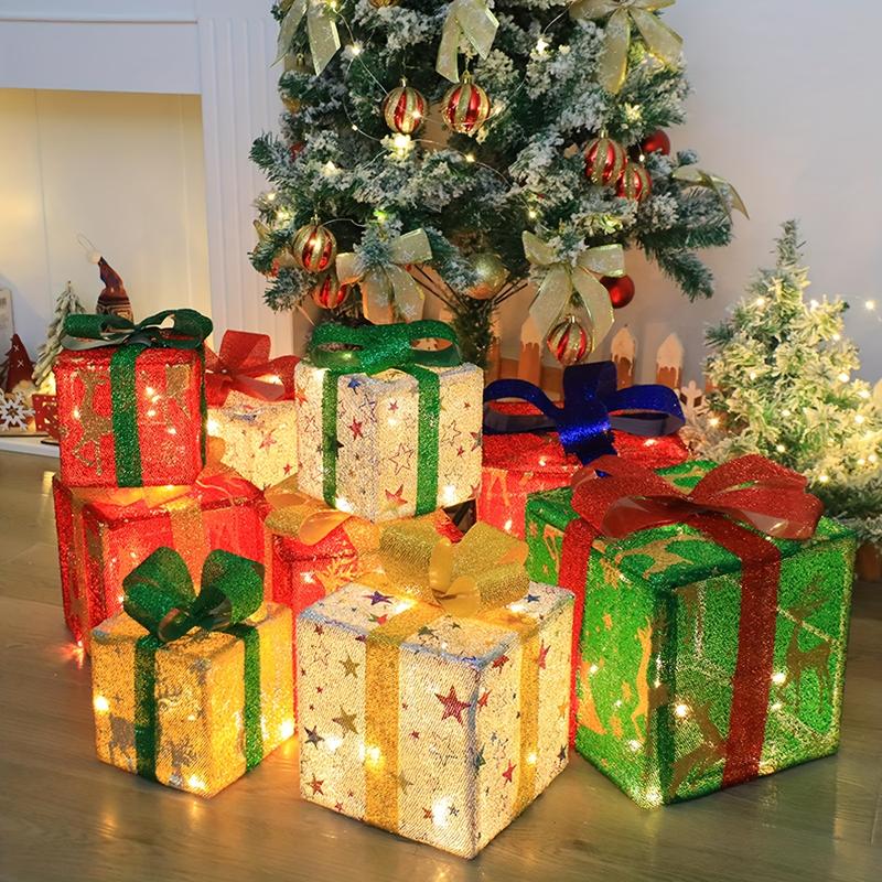 Set Of 3 Christmas Lighted Gift Boxes Decorations, Pre-lit 60 LED White Boxes With Golden Snowflake And Red Bows, Battery Operated Christmas Lights Decor For Home, Party, Holiday Ornaments christmas 2024 ornament glass cleaner