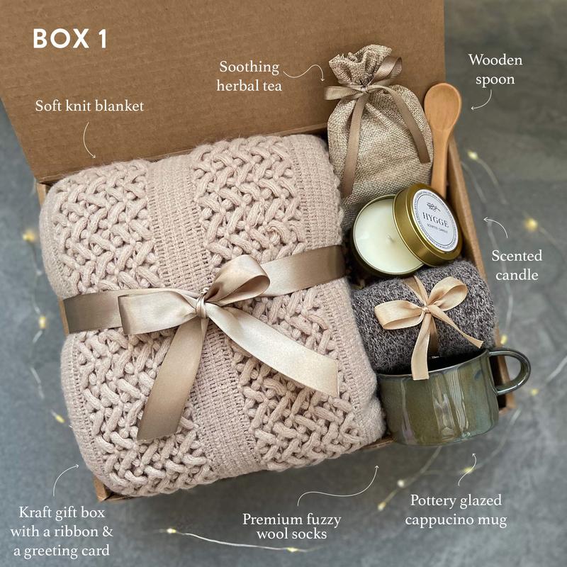 Classy Gift Basket for Women - Cozy Gift Box with Blanket, Socks, Candle - Self Care Gift Box, Care Package, Gifts for Her for Any Occasion