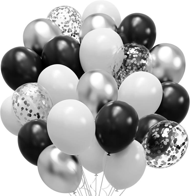 Black and Silver Balloons, 60 count 12 Inches Black White Silver Confetti Balloons with 1 Ribbon for Birthday,  Shower, Wedding, and Silver Theme Party Decoration