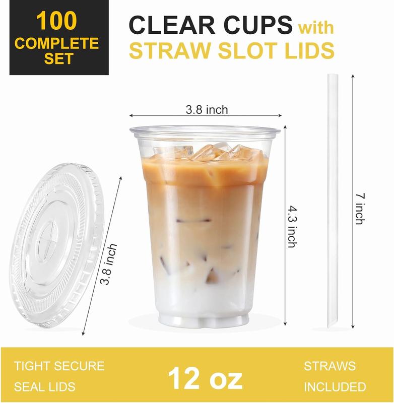 100 Sets - Clear Plastic Cups with Lids and Straws, Disposable Cups for Iced Coffee, Smoothie, Milkshake, Cold Drinks, 12,16,20oz BPA-Free Drinkware Cups Pet Gift