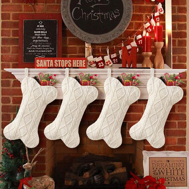 Bone Shaped Hanging Christmas Stocking, 1 Count Large Knit Dog Stocking, Hanging Dog Christmas Stocking, Festive & Party Supplies