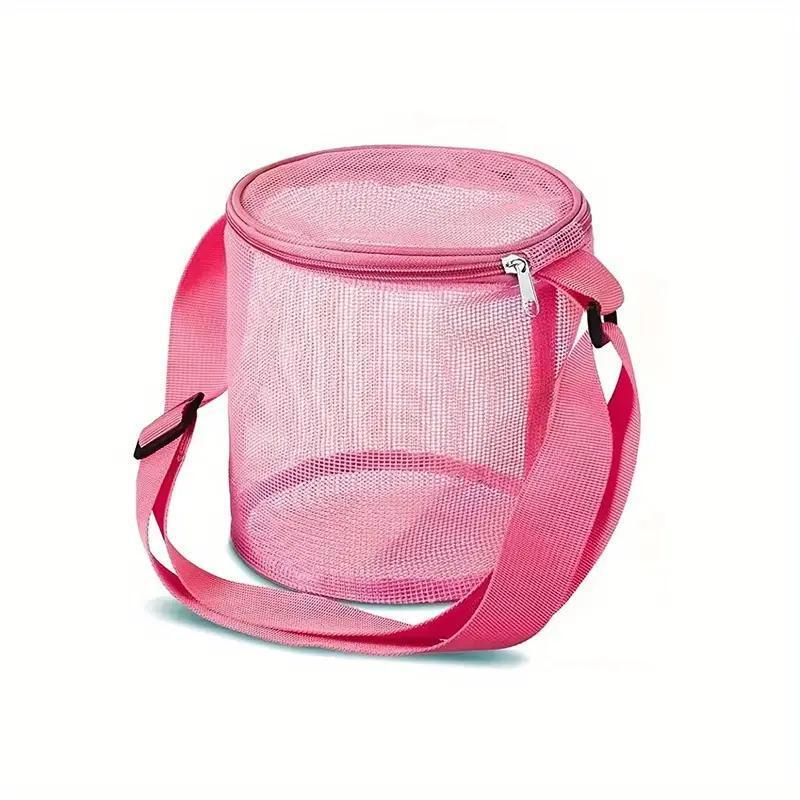 Mesh Shell Storage Bag, Round Sand Bucket Toy Collection Bag with Strap, Beach Bag, Water Sports Accessories Storage Bag for Swimming Beach