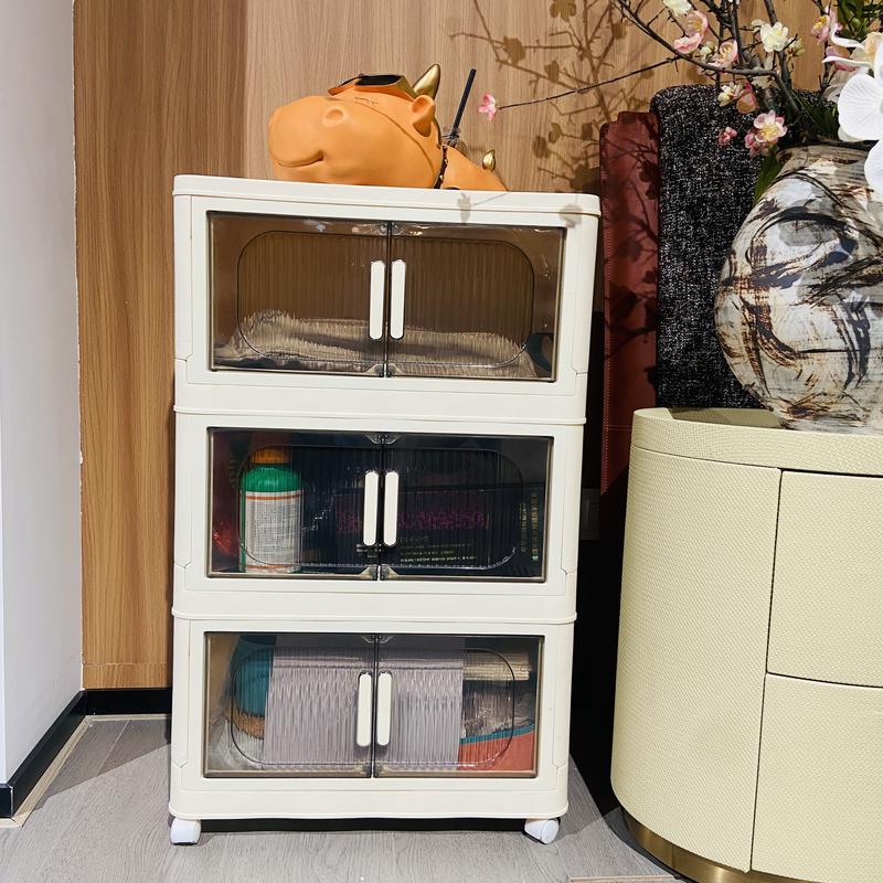 Multi layer folding storage cabinet, plastic storage box for home storage, space saving stackable unit, with transparent door, easy to assemble, with wheels, magnetic door, widely used Collapsible Organiser