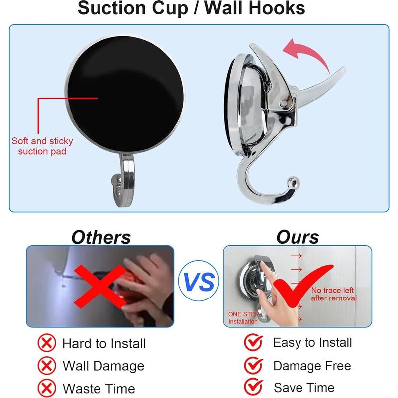 Suction Cup Hooks Heavy Duty Vacuum Suction Shower Hooks Glass Suction Cup Hooks Bathroom Robe Hooks Reusable, No Hole Punched, for Garland Decoration (Silver, 2 Pack) Organiser