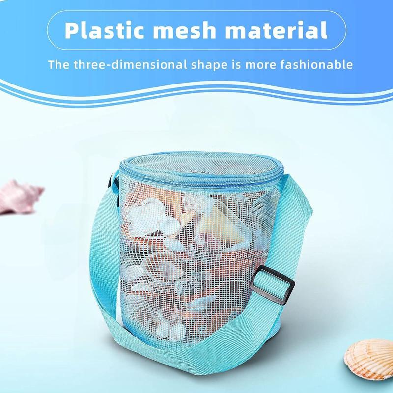 Mesh Shell Storage Bag, Round Sand Bucket Toy Collection Bag with Strap, Beach Bag, Water Sports Accessories Storage Bag for Swimming Beach