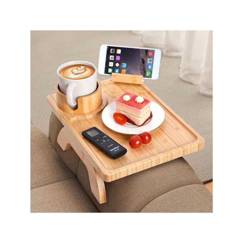 WANGWNG  Bamboo Sofa Armrest Caddy With 360° Rotating Phone Stand & Cup Holder, Folding Couch Arm Table Tray For Snacks, Drinks, And Remote Control Access