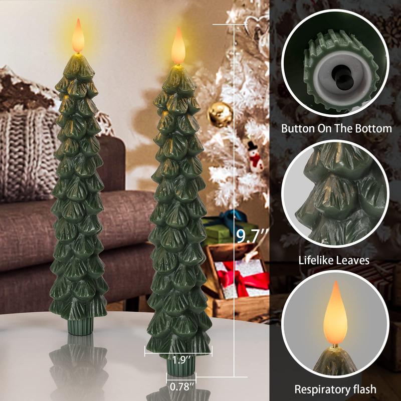 Christmas Decor Christmas Tree Candles For Christmas Gift Christmas Tree Candles with Remote, Waxy Flameless Taper Candles Flickering, Green LED Candlesticks Battery Operated for New Year Celebration Holiday Decorations 9.7 Inches