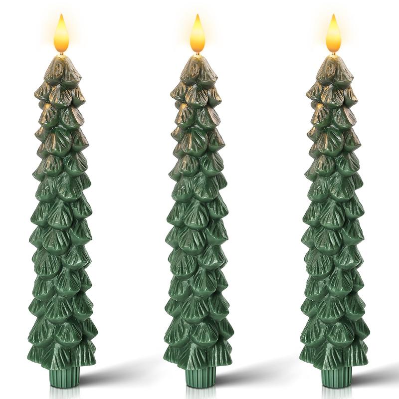 Christmas Decor Christmas Tree Candles For Christmas Gift Christmas Tree Candles with Remote, Waxy Flameless Taper Candles Flickering, Green LED Candlesticks Battery Operated for New Year Celebration Holiday Decorations 9.7 Inches