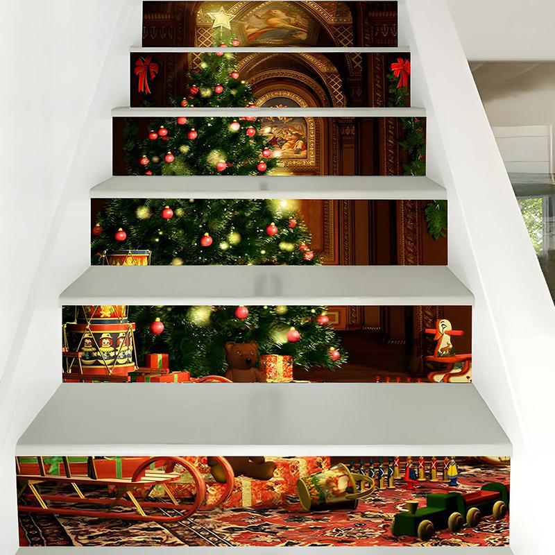 Christmas Tree Pattern Stairs Sticker, 6 Counts set Self Adhesive Hallway Sticker, Decorative Sticker for Home Party Festival, Home Decor