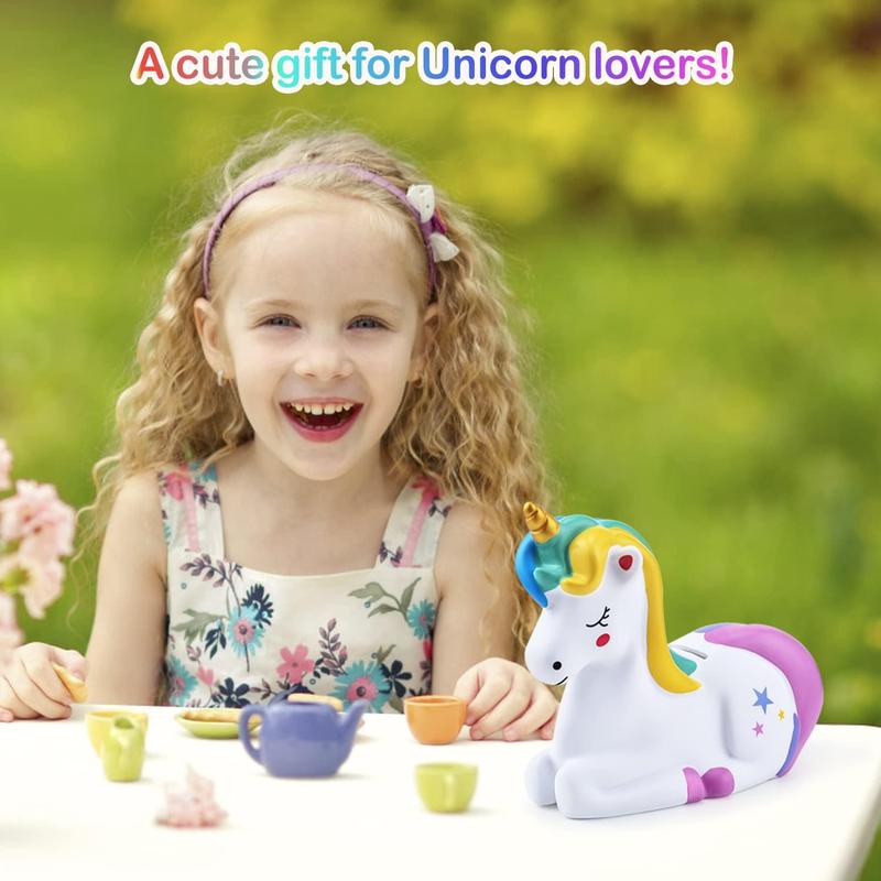 Piggy Bank Girls: Unicorn Piggy Banks - Unbreakable Plastic Coin Money Bank with Alphabet Stickers - Rainbow