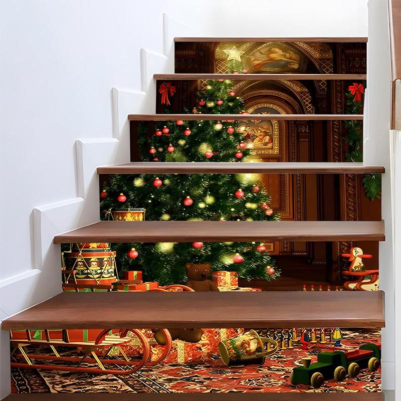 Christmas Tree Pattern Stairs Sticker, 6 Counts set Self Adhesive Hallway Sticker, Decorative Sticker for Home Party Festival, Home Decor