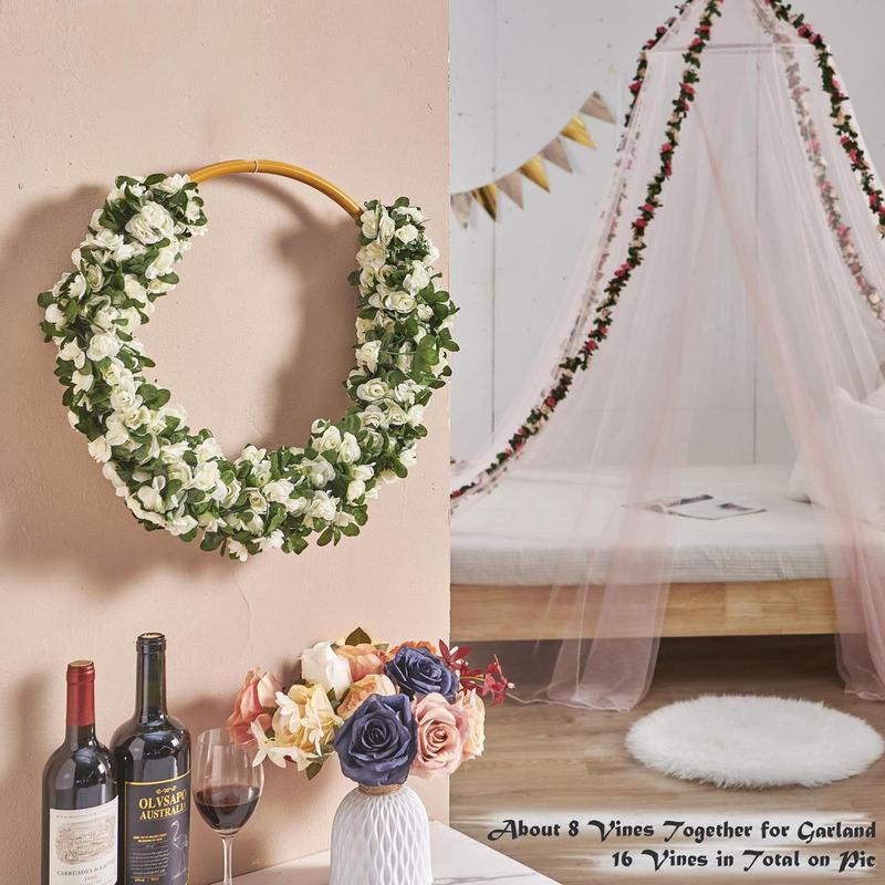 Artificial Rose Vine Flower, 5 Counts Fake Rose Vine Flowers with Green Leaves, Hanging Fake Roses Vine for Room Wedding Birthday Wall Arch Decor