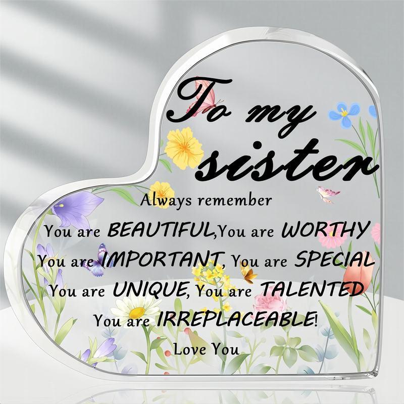 Love Sister Heart Shaped Acrylic Plaque, Letter Appreciation Desktop Ornament, Decorative Ornament for Home Office Decoration Birthday Gift