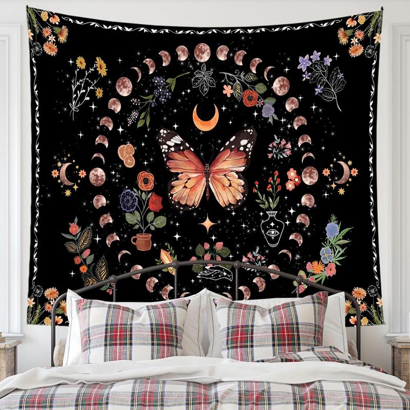 Butterfly & Moon Pattern Tapestry, 1 Count Bohemian Style Wall Hanging Tapestry, Wall Art Decor for Home Living Room Bedroom Dormitory