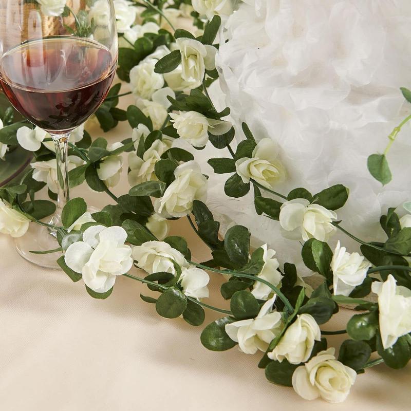 Artificial Rose Vine Flower, 5 Counts Fake Rose Vine Flowers with Green Leaves, Hanging Fake Roses Vine for Room Wedding Birthday Wall Arch Decor