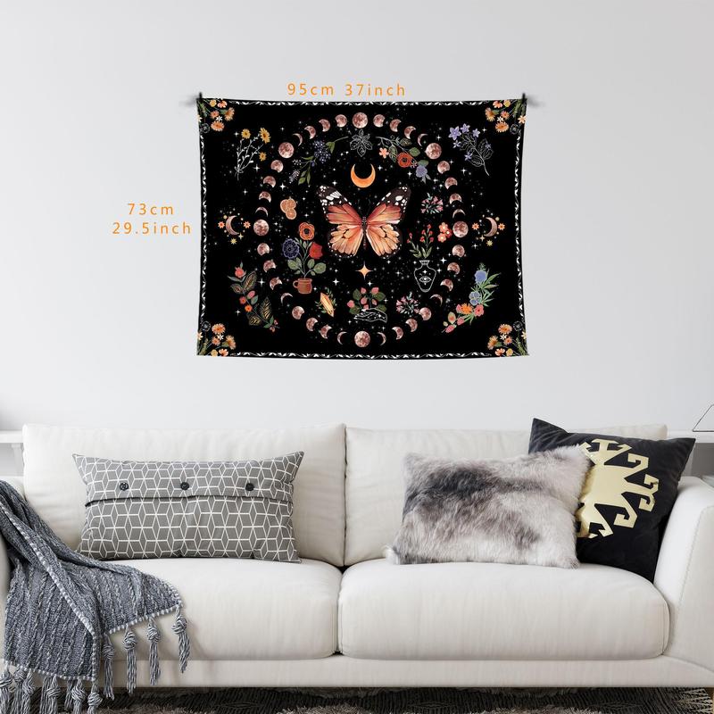 Butterfly & Moon Pattern Tapestry, 1 Count Bohemian Style Wall Hanging Tapestry, Wall Art Decor for Home Living Room Bedroom Dormitory