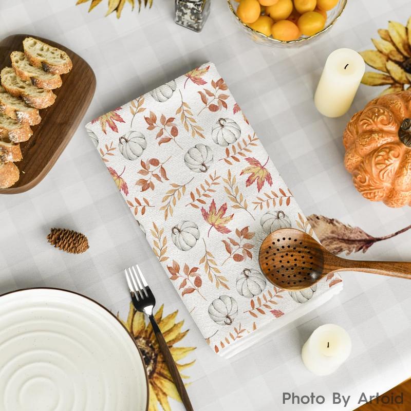 Orange Leaves Pumpkin Fall Kitchen Towels Dish Towels, 18x26 Inch Farmhouse Decoration Hand Towels Set of 2