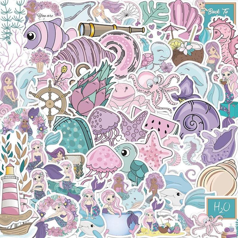 Cartoon Mermaid Pattern Decorative Sticker, 50pcs DIY Waterproof Decoration Sticker for Laptop, Guitar, Water Bottle, Skateboard & Scrapbook, DIY Creative Toys