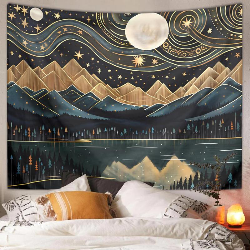 Bohemian Style Mountain & Moon & River Pattern Tapestry, Creative Wall Hanging Blanket, Wall Art for Home Living Room Bedroom