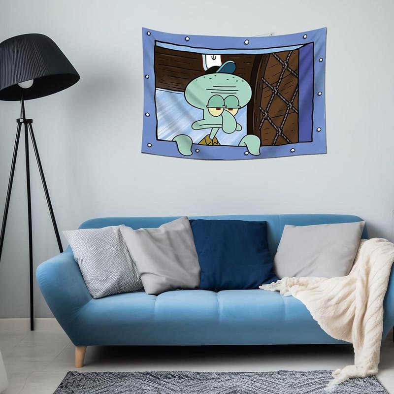 Squidward Indoor Cartoon Wall Hanging Tapestry Background Wall Cloth With Hooks Accessories Decor