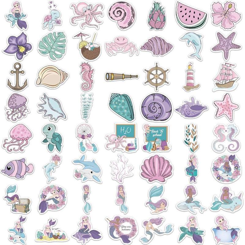 Cartoon Mermaid Pattern Decorative Sticker, 50pcs DIY Waterproof Decoration Sticker for Laptop, Guitar, Water Bottle, Skateboard & Scrapbook, DIY Creative Toys