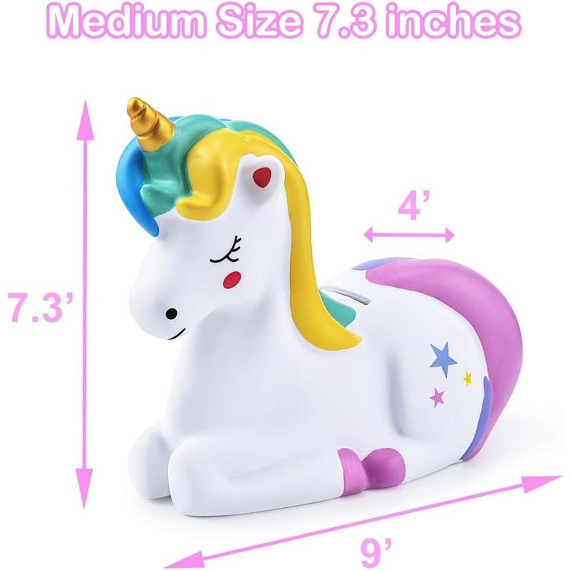 Piggy Bank Girls: Unicorn Piggy Banks - Unbreakable Plastic Coin Money Bank with Alphabet Stickers - Rainbow