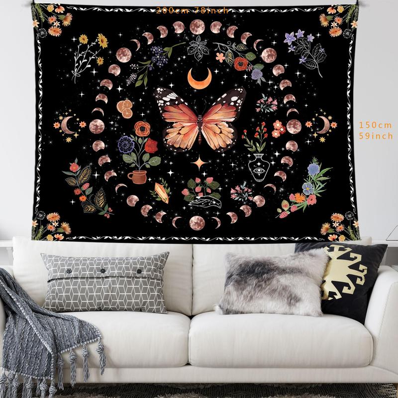 Butterfly & Moon Pattern Tapestry, 1 Count Bohemian Style Wall Hanging Tapestry, Wall Art Decor for Home Living Room Bedroom Dormitory