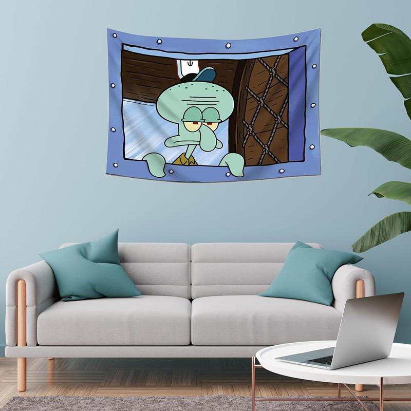 Squidward Indoor Cartoon Wall Hanging Tapestry Background Wall Cloth With Hooks Accessories Decor