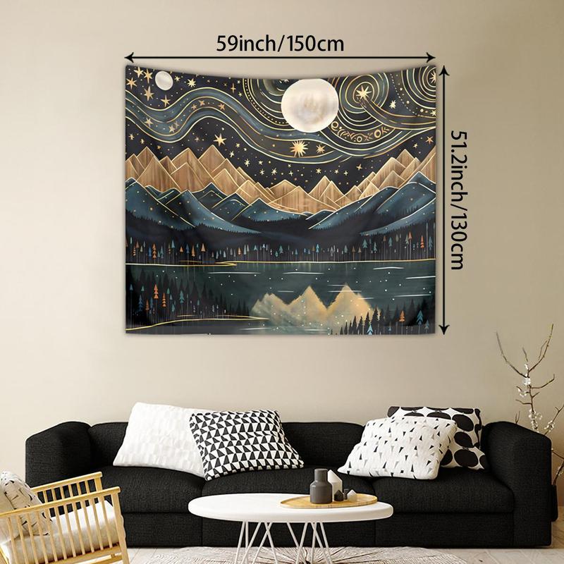 Bohemian Style Mountain & Moon & River Pattern Tapestry, Creative Wall Hanging Blanket, Wall Art for Home Living Room Bedroom