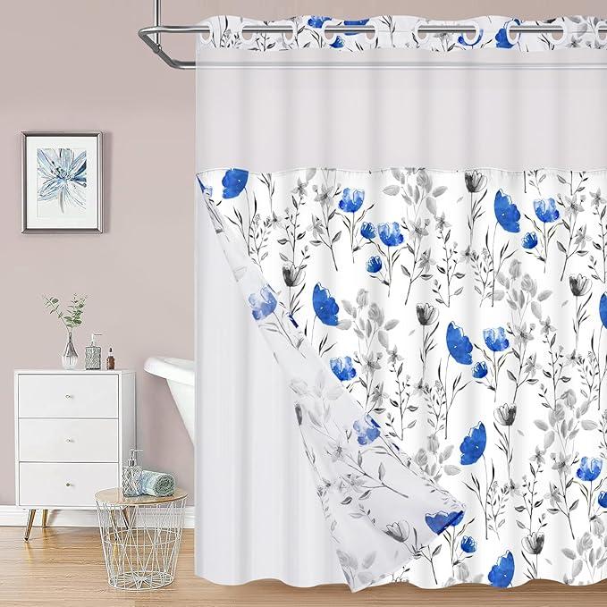 No Hooks Shower Curtain with Snap in Liner,Flower Shower Curtain,See Through Shower Curtain Set with Liner, Double Layer Bathroom Curtains for Hotel