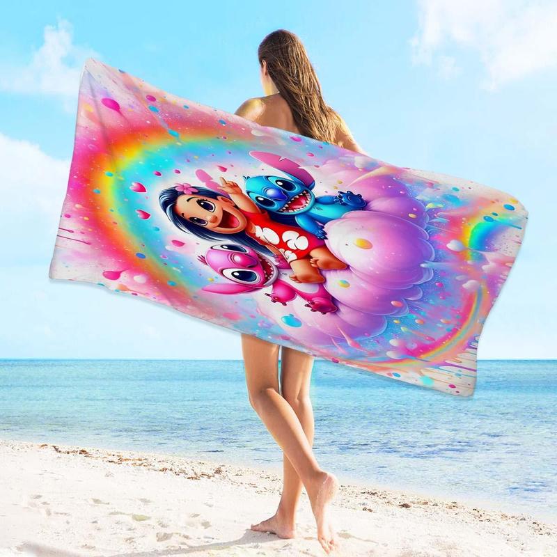 Cartoon Lilo & Stitch Pattern Beach Towel, 1 Count Soft Water Absorbent Towel, Quick Drying Towel for Beach, Swimming Pool, Camping, Travel